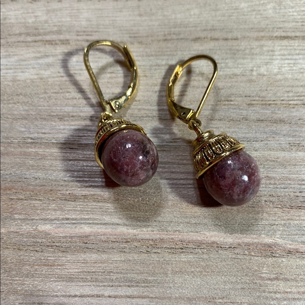 Purple and Gold Dangle Earrings with Intricate Metalwork
